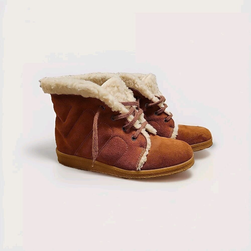Vintage Woodbridge Suede Leather Faux Fur Ankle Boots Womens Size 8.5 Brown Lace
